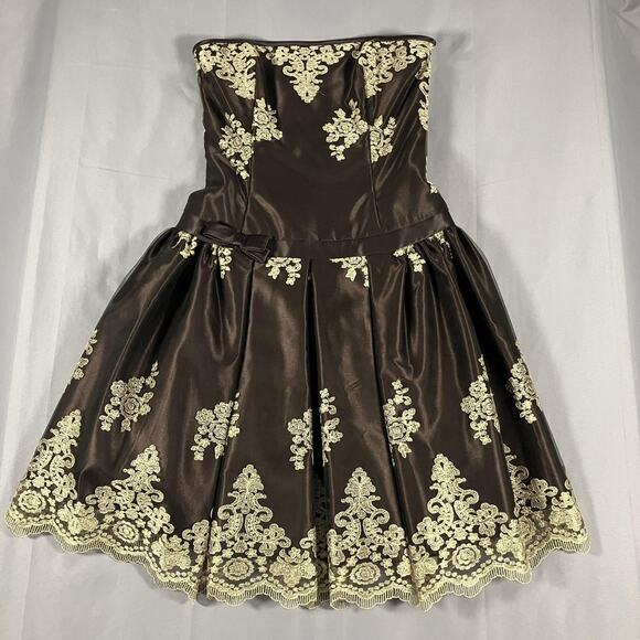 Jessica McClintock Dress Womens 8 Brown Strapless Lace Fit & Flare Made in USA - Picture 4 of 16